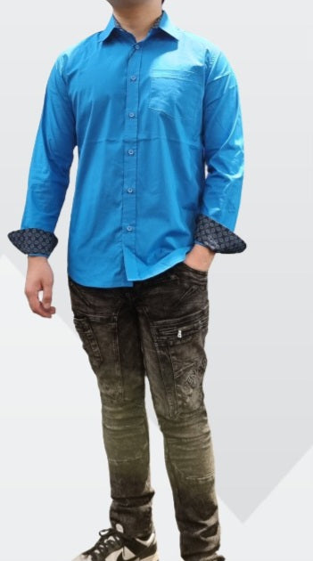 MEN AQUA BLUE COTTON STRETCH LONG SLEEVE SHIRT