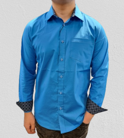 MEN AQUA BLUE COTTON STRETCH LONG SLEEVE SHIRT